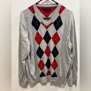 Tommy Hilfiger men's argyle sweater L pullover V-neck grey red black 100% cotton